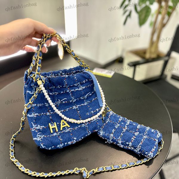 

designer womens 22 shoulder bag garbage bag woolen fabric pearl chain handbag two-piece set coin purse mini crossbody bags brand makeup case