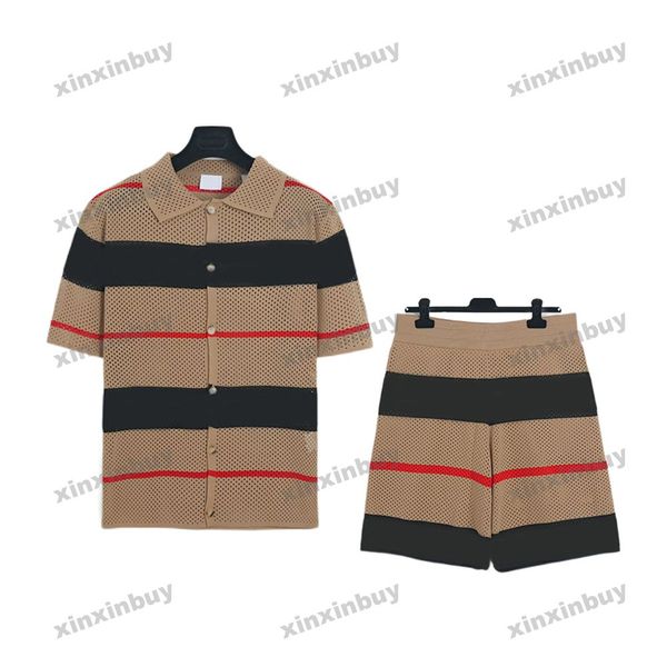 

xinxinbuy men designer tee t shirt 23ss nylon mesh fabric pattern red stripe short sleeve women black blue brown s-2xl, Black;brown