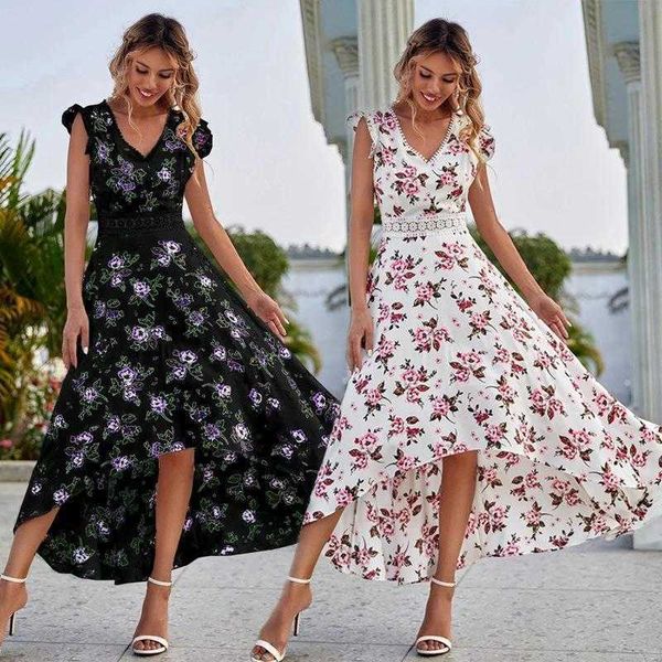 

summer womens printed sleeveless large swing dress lace waist, Black;gray