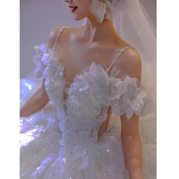 

spaghetti strap wedding dresses sparkly sequined off shoulder ruffle applique ball sweetheart luxury shiny princess bride gowns, White