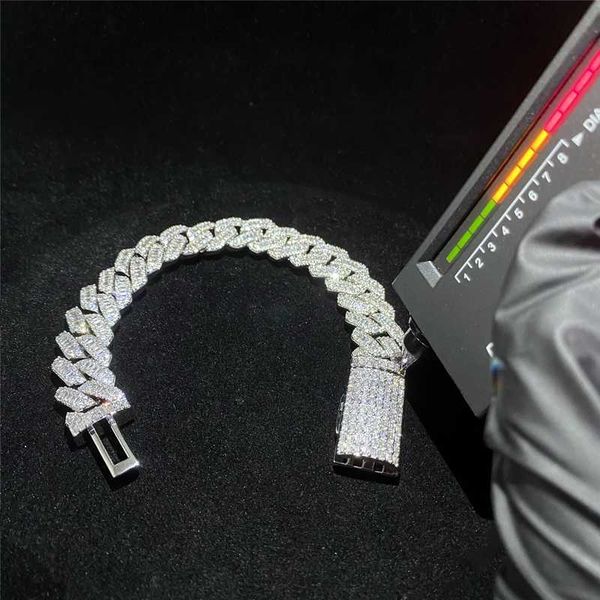 

luxury customized s925 silver cuban link chain 15mm baguette moissanite diamond hip hop cuban link necklace bracelet