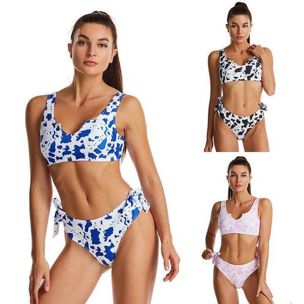 

bikini women multi color polyester matte printed split briefs lace up conservative fresh and natural swimsuit on, White;black