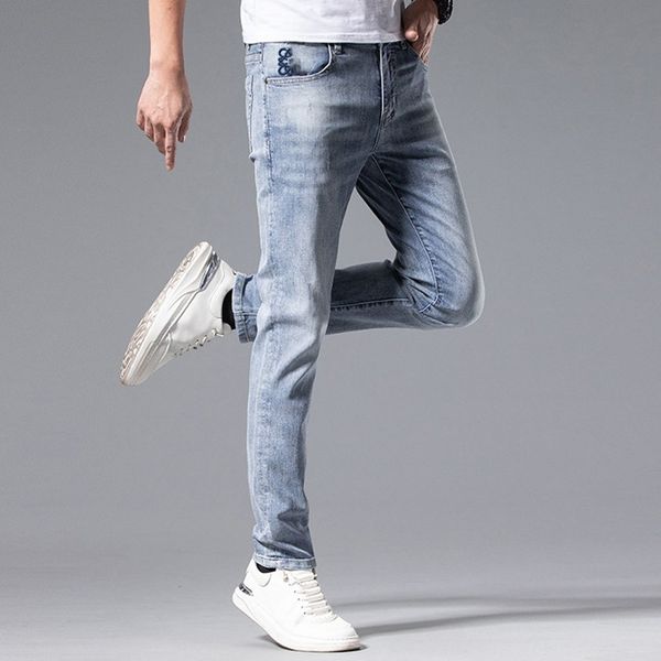 

mens designer jeans light sky blue elastic jeans distressed solid color slim fit motorcycle bikers denim for men fashion mans blue hip hop p
