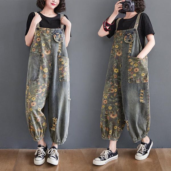 

jeans will spot the large code printed denim overalls women limit woman jeans wide leg jeans boyfriend jeans overalls flower jeans, Blue