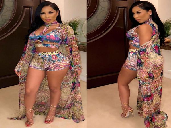 

2019 women pailsey print swim set xlong cloak halter hollow out crop shorts suits 3pcs swimwear tracksuit outfit2307433