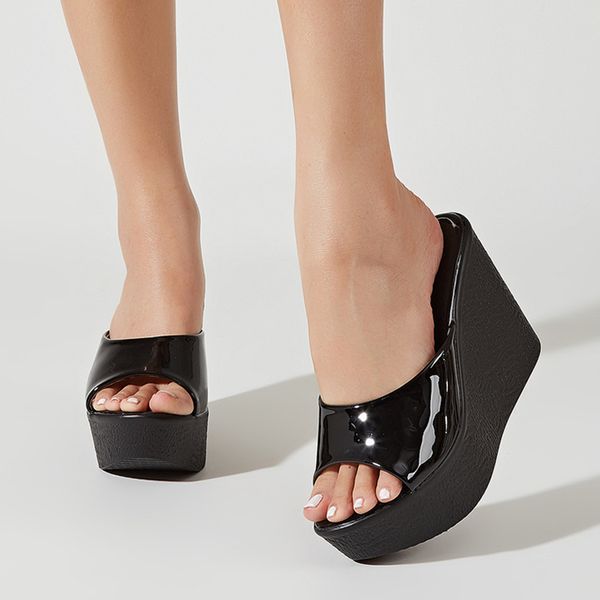 

liyke soft leather cozy woman shoes summer 2023 wedge slippers outdoor open toe platform heels sandal female slides, Black