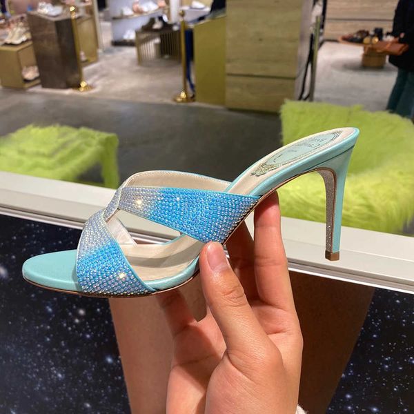 

rene caovilla rhinestones mule slides sandals cross color matching stiletto open toe sandal women's luxury designer evening shoes .5cm, Black