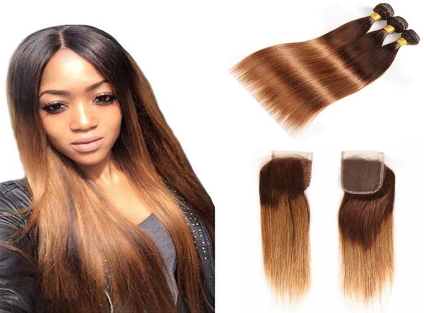 

430 dark root brown blonde straight ombre human hair weave 34 bundles with lace closure brazilian virgin hair extensions6460776, Black;brown