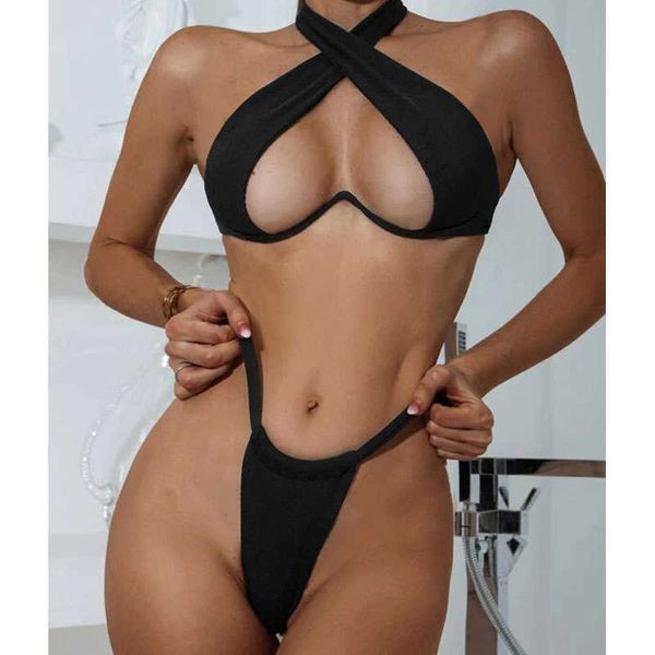 

women's swimwear ladies summer solid color swimsuit female multifunctional detachable shoulder strap halter swimsuit bikini set z0613, White;black