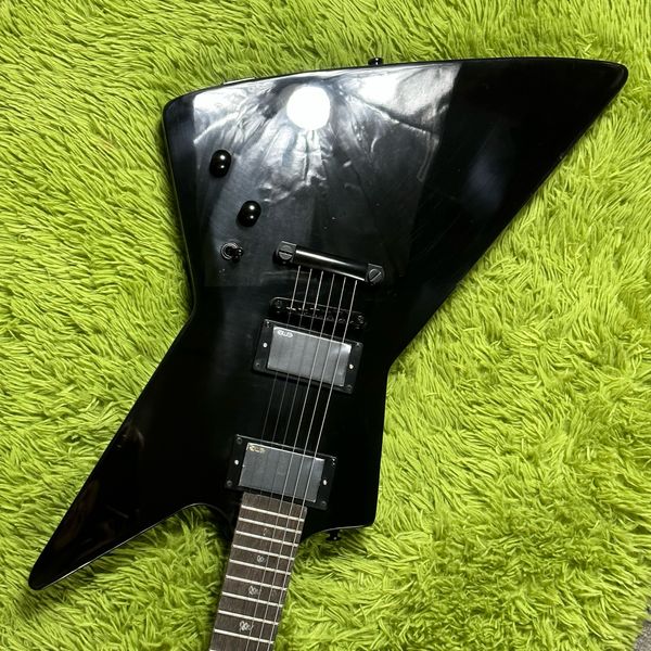 

goose shaped black electric guitar, rosewood fingerboard, black hardware, ing