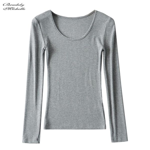 

t-shirt bradely michelle made 2020 women clothing fit casual elastic cotton solid oneck full sleeve tshirt, White
