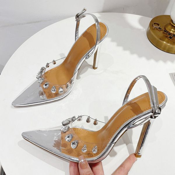 

liyke fashion brand women pumps crystal rivet pvc transparent high heels slingback sandals party wedding clear shoes size 35-42, Black