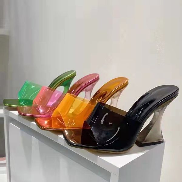 

2023 new clear slippers women heels square toe high heeled shoes fashion green pvc transparent jelly sandals size 35-42, Black