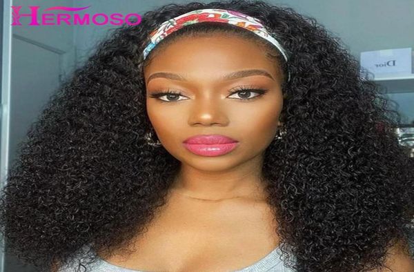 

kinky curly headband wig human hair wigs scarf no gel glueless peruvian for black women lace1351733, Black;brown