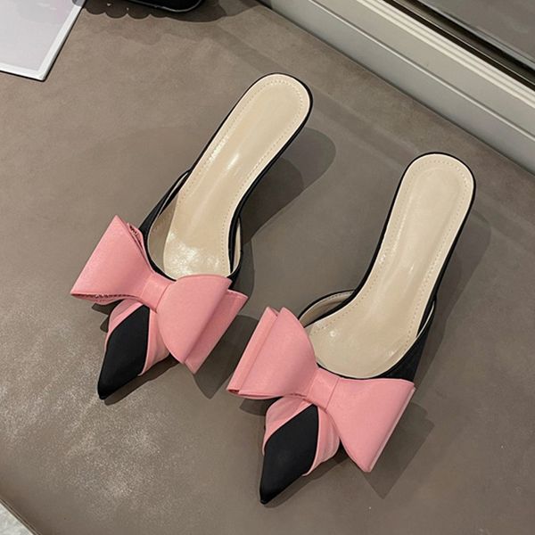 

liyke 2023 new fashion pink rhinestone butterfly-knot women pumps slippers sandals pointed toe low thin heels mules female shoes, Black