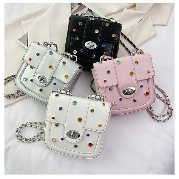 

2023 girls princess handbags diamond kids pu saddle bag korean children solid color chain single shoulder crossbody bag f1715, Black