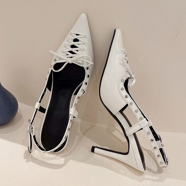 

liyke spring summer hollow out cross tied slingback shoes women pumps fashion rivet buckle strap lady elegant heels mules sandal, Black