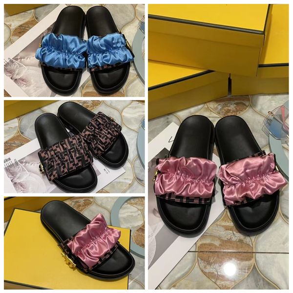 

2023 designer slides satin drawstring flat bottom cool drag pleated one line vintage sheepskin slippers lace foam fashion outwear leisure fl, Black