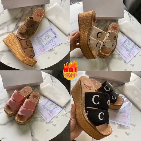 

2023 women woody flat luxury brand summer sandals letter print canvas espadrille platform slides cross weave comfortable wedges slipper outd, Black