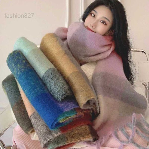 

autumn and winter thick bearded ac scarf women's fashion contrast color check warm couple student thickened shawl, Blue;gray