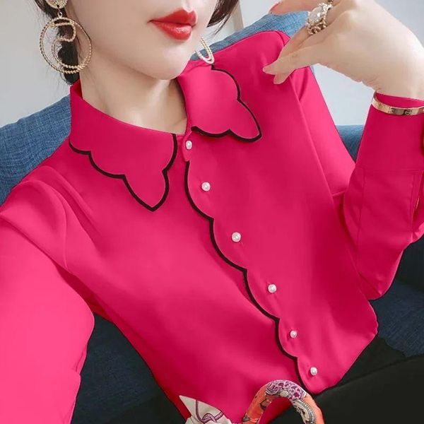 

dress sweet peter pan collar spliced button folds loose chiffon blouse female clothing 2022 autumn casual pullovers office lady, White