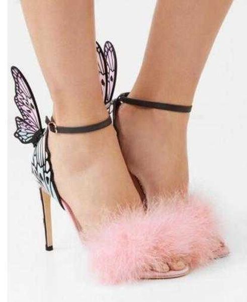 

sophia webster pink fur sandals wedding party shoes  cm butterfly wings heels dress gladiator ankle strap high, Black