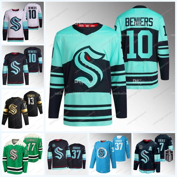 

seattle matty beniers kraken jersey yanni gourde jaden schwartz jared mccann carson soucy borgen vince dunn cale fleury adam larsson jaycob, Black;red