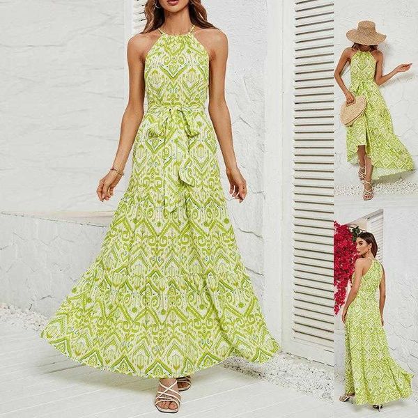 

spring and summer dress sleeve halterneck printed large swing for women, Black;gray