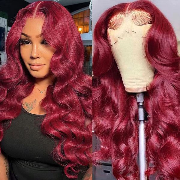 

red 13x6 hd lace frontal wig burgundy glueless wig human hair ready to wear body wave brazilian lace front wigs for women, Black;brown