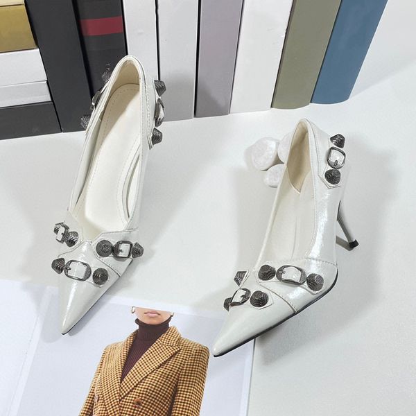 

new classic european and american style pointed metal rivet high heels french paris new genuine leather high heels fashion shoes, Black