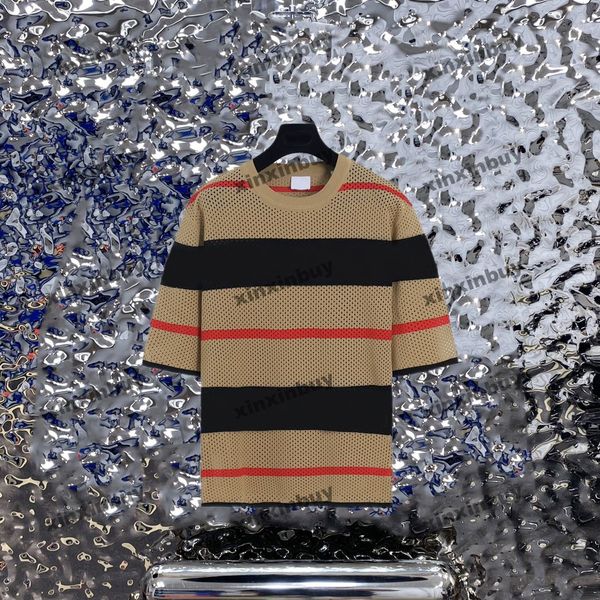 

xinxinbuy men designer tee t shirt 23ss nylon mesh fabric pattern stripe short sleeve women black blue white s-xl, Black;brown