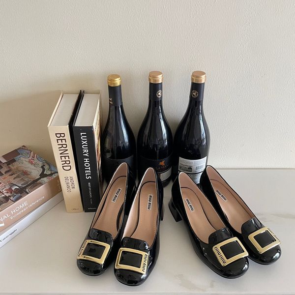 

new designer mi family mary jane high heels french square button single shoes british style small leather shoes network red, Black