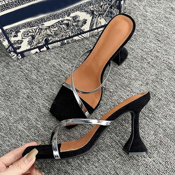 

liyke strange style high heels shoes for women 2023 summer party slippers fashion open toe silver cross narrow band sandals, Black