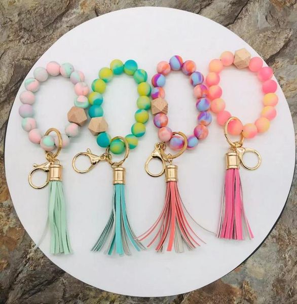 

handmade stretched spring rainbow silicone beads bangle keychains pu leather tassel wristlet bracelet keyrings for 20227240345, Silver