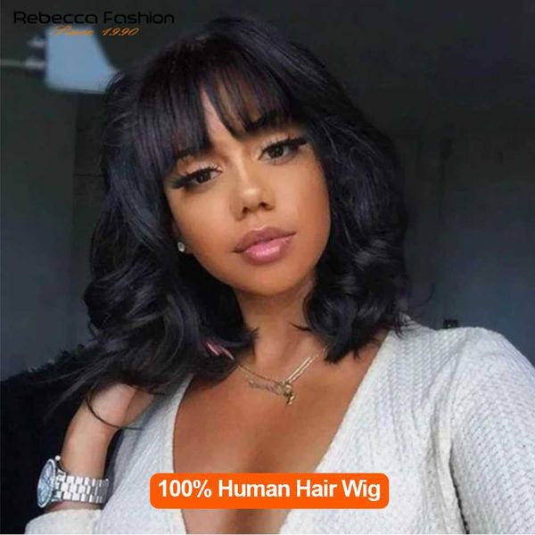 

lace wigs rebecca short bob wigs with bangs brazilian body deep wave natural remy human hair wig full machine made glueless wigs for black z, Black;brown