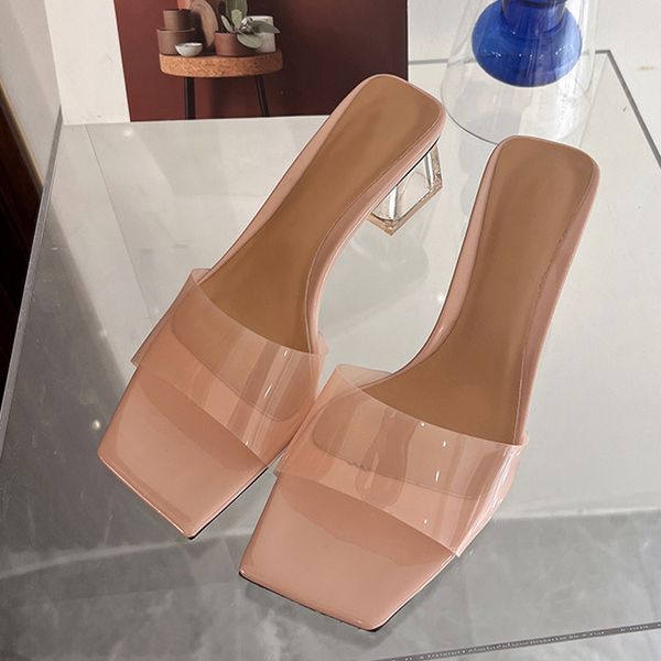 

liyke summer fashion beach slippers ladies candy color pvc transparent sandals square toe clear heels slides shoes women mule, Black