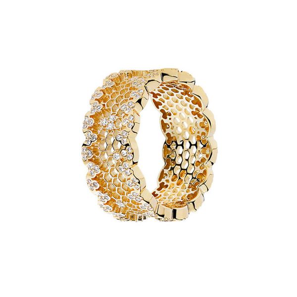 

sparkling golden honeycomb ring for pandora crystal diamond wedding party rings designer jewelry for women girls luxury gold band ring with, Slivery;golden