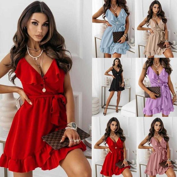 

summer v neck sleeveless strap casual dresses irregular lotus leaf dress for women, Black;gray