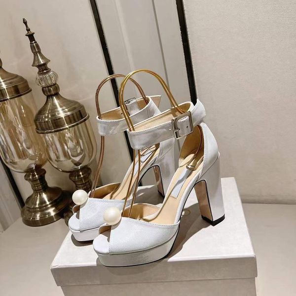 

fashion women pumps socorie 100 mm sandals italy classic ankle sling pearl embellished fish mouth designer coarse heel summer wedding party, Black