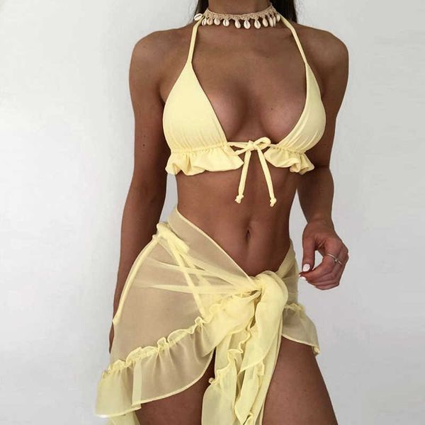 

women's swimwear women's threepiece bathing suits bikini ruffle bandage halter bra triangle briefs cover ups beach swimsuit set st, White;black