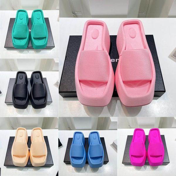 

thick soled square toe slippers for women's new style sponge cakesole slippers with increased sense of stepping on feces sloping heels, Black
