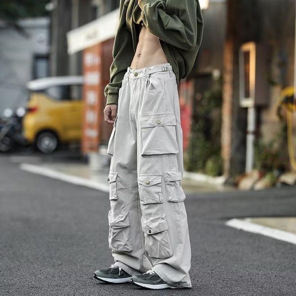 

pants 2023 street popular white multipocket overalls men haruku style loose casual y2k trousers straight mopping pants spring new, Black