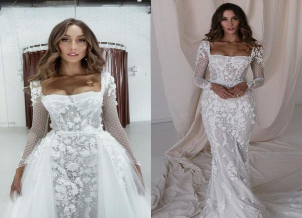 

pallas couture mermaid beach wedding dresses with detachable train 2022 square neck long sleeve 3d floral lace trumpet bridal gown4645192, White