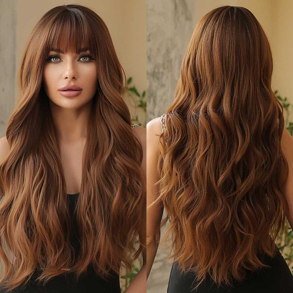 

lace wigs long chocolate brown ombre synthetic wigs with bangs natural wavy hairs wig for black women daily cosplay party heat resistant z06, Black;brown