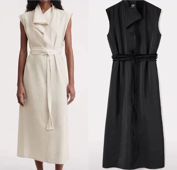 

tote- * e black viscose blend draped lapel sleeveless mid length draped lapel waist up dress new summer style, White;black