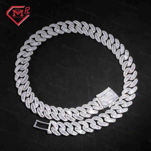 

iced out miami cuban link chain solid silver 925 men hip hop bling 15mm vvs1 d moissanite chain baguette