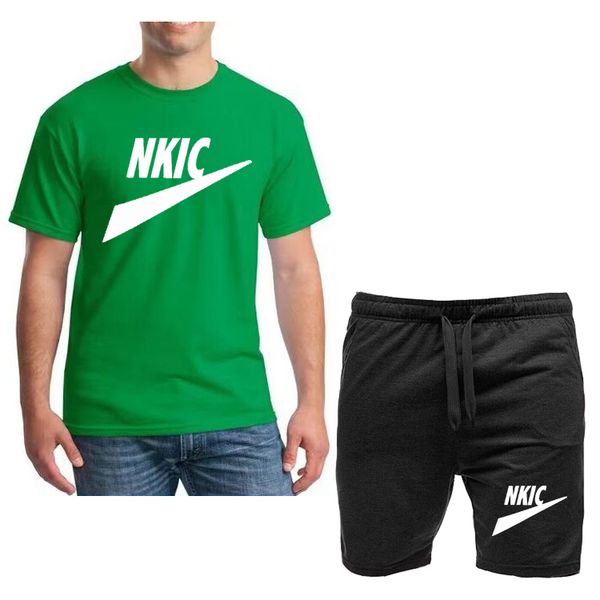

summer brand logo men's 100% cotton green t-shirt shorts set plus size men's sportswear tracksuit 2 piece o neck short sleeve men, Gray