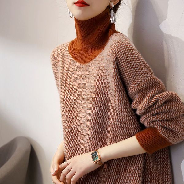 

women's clothing commute vintage turtleneck jumpers autumn winter new stylish all-match patchwork long sleeve knitted, White;black