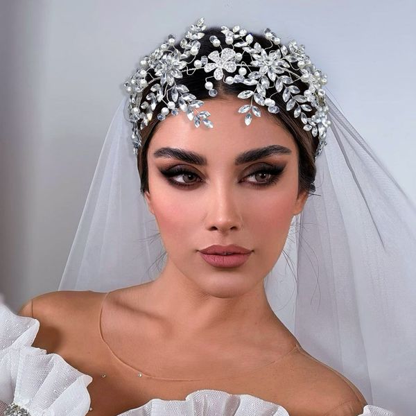 

diamond tiara handmade flower hair hoop baroque crystal bridal headwear crown rhinestone with wedding jewelry diamond bridal hairbands headp, Silver