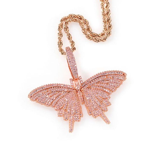 

iced out pink butterfly pendant necklace small size57x51cm men women diamond gold silver hiphop jewelry with 24inch rope chain1278758